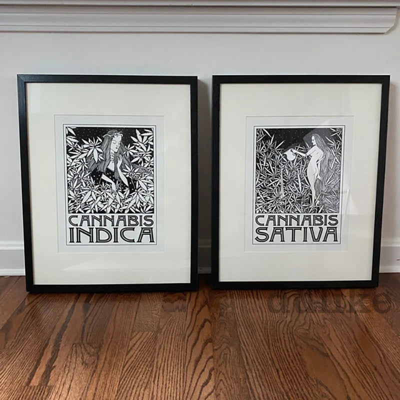 Indica and Sativa Prints Black and White Cannabis Poster Marijuana Canvas Painting Art