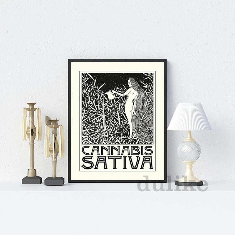 Indica and Sativa Prints Black and White Cannabis Poster Marijuana Canvas Painting Art