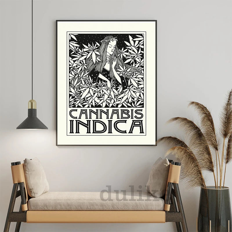 Indica and Sativa Prints Black and White Cannabis Poster Marijuana Canvas Painting Art