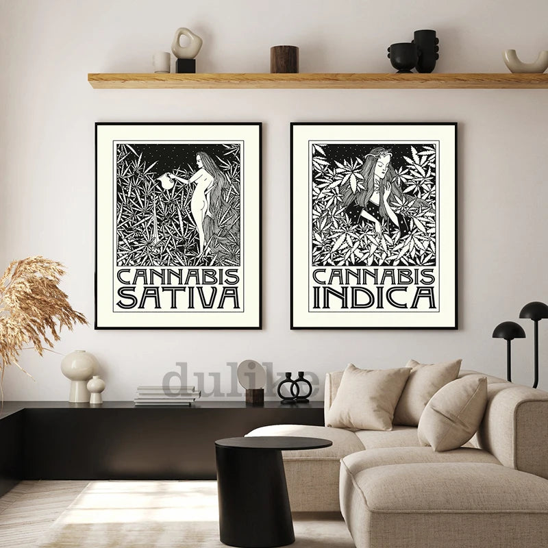 Indica and Sativa Prints Black and White Cannabis Poster Marijuana Canvas Painting Art