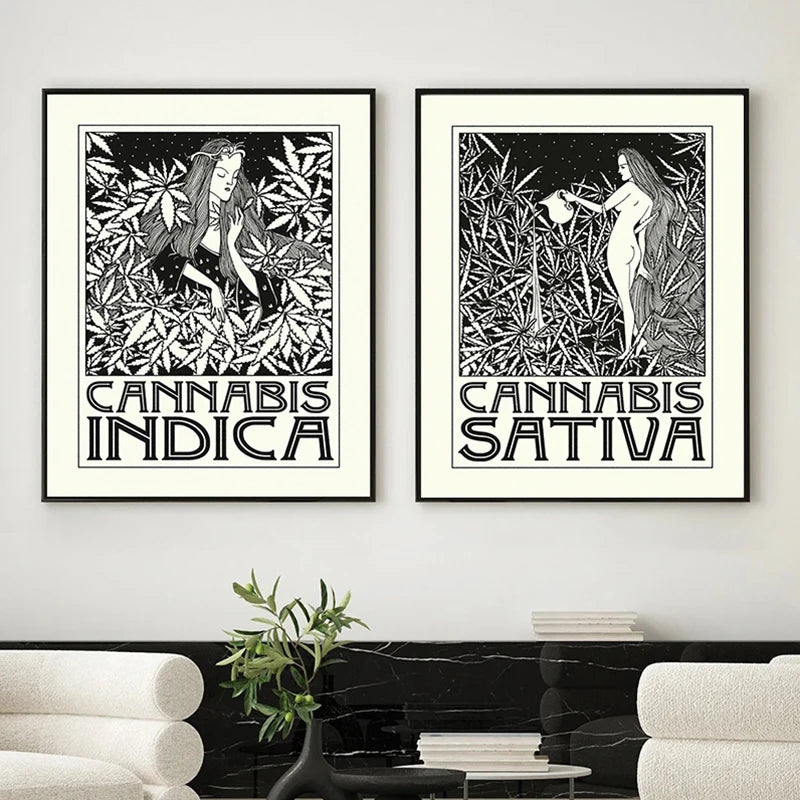 Indica and Sativa Prints Black and White Cannabis Poster Marijuana Canvas Painting Art